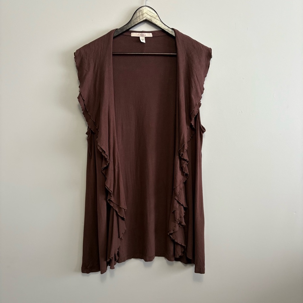 Brown Ruffled Open Front Cardigan Vest Boho Vintage Cowgirl Size XL